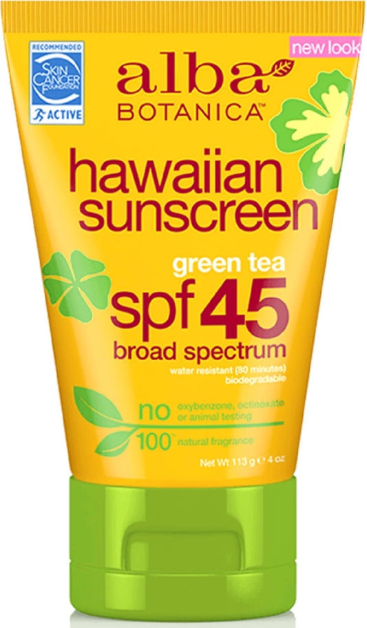 Alba Botanica Hawaiian Sunscreen, Revitalizing Green Tea SPF 45 4 oz (Pack of 2)