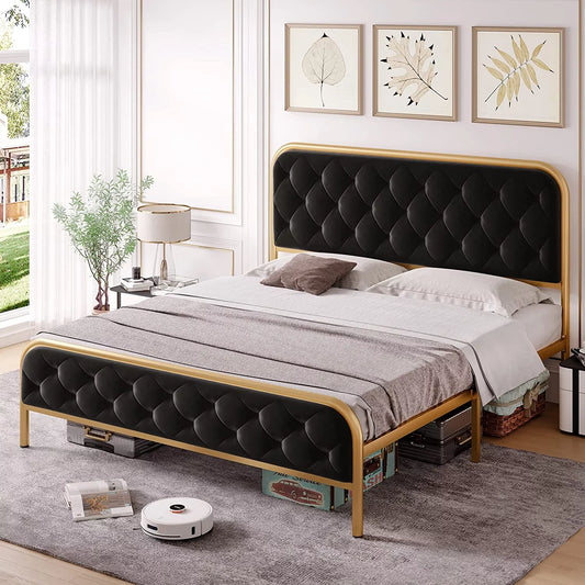 EPHEX Queen Upholstered Bed Frame with Button Tufted Headboard Heavy Duty Metal Platform Bed Frame with Velvet Headboard, Gold & Black
