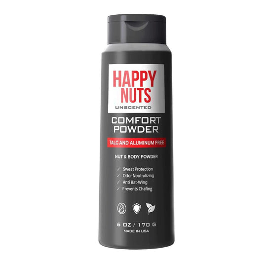 Happy Nuts Comfort Powder, Deodorizing and Anti-Chafing Body Powder for Men, Safe, Natural, Vegan, 6 Oz